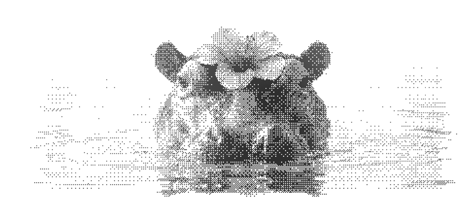 Halftone illustration of a hippo's head, ears raised, looking straight ahead