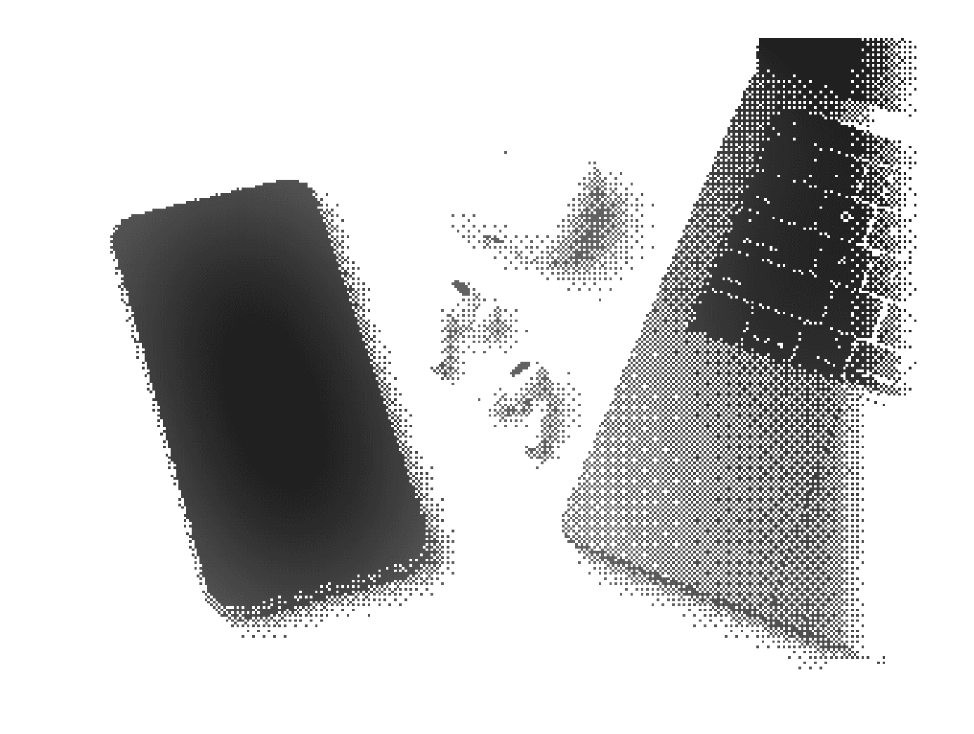 Halftone illustration of a smartphone breaking apart into pixels
