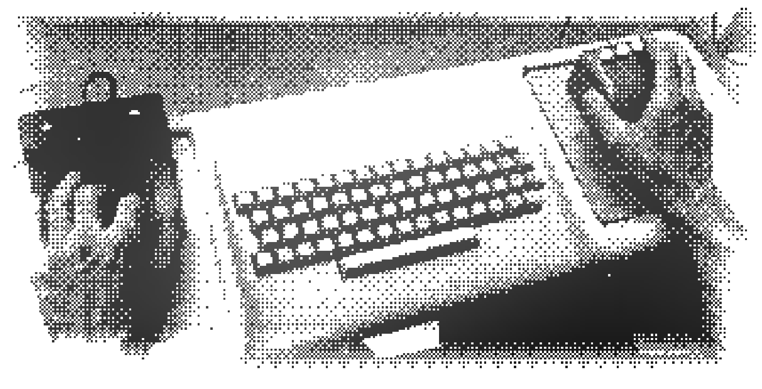 Halftone photo of a hand typing on a mechanical keyboard device